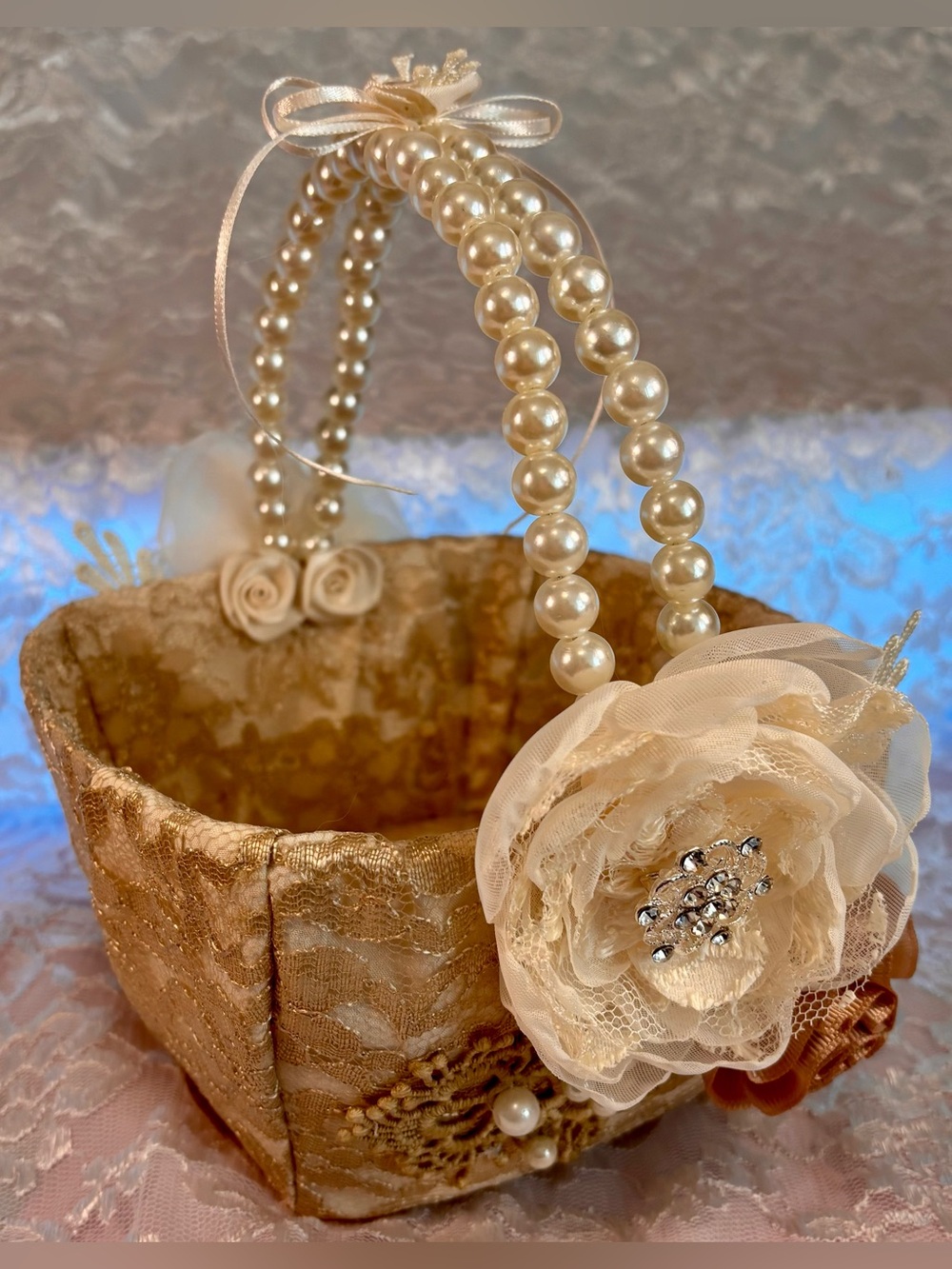 🥂 Handmade Champagne and Ivory Ring Pillow and Flower Basket Set - Picture 11 of 15